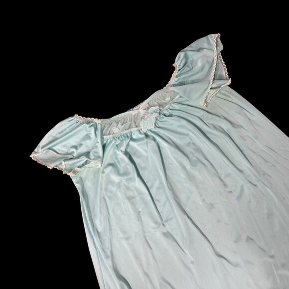 Miss Elaine Other - Vintage Nightgown Pajamas Aqua Nylon Lace Ruffle Sleeves Miss Elaine USA Medium